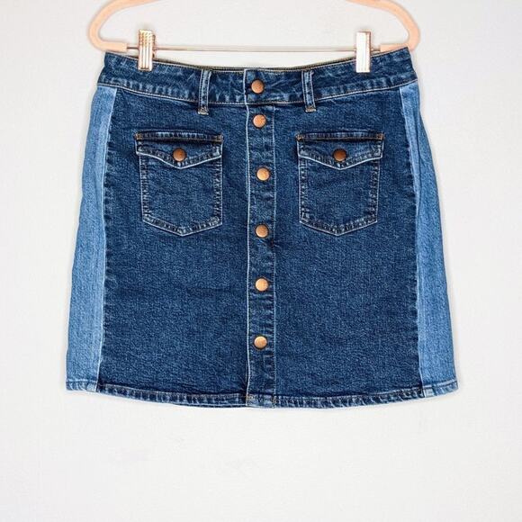 Madewell Stretch Denim Color Blocked Mini Skirt Snap Front Blue Size 29 - Picture 1 of 6